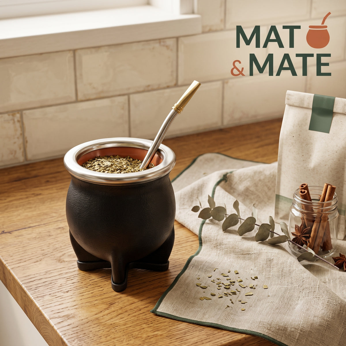 Mate Cerámica Camionero forrado en cuero negro med bombilla og yerba mate